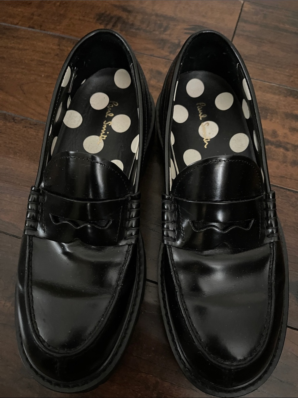 Paul Smith Black Patent Leather Penny Loafers with Polka-Dot Insole